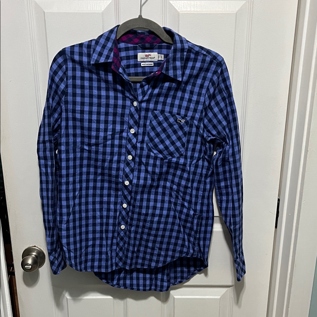 Vineyard Vines Navy And Black Plaid Women's Button Down Shirt
